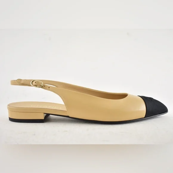 Chanel 24A Beige Leather Black CC Logo Coco Slingback Pointed Ballet Flat 39 - Picture 2 of 15